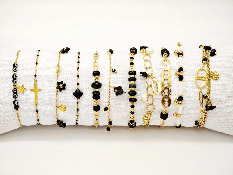 Lot de 12 bracelets en acier inoxydable avec coussin - NOIR