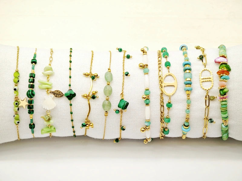 Lot de 12 bracelets en acier inoxydable avec coussin - VERT
