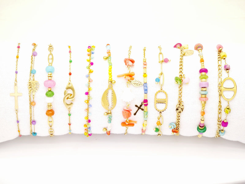 Lot de 12 bracelets en acier inoxydable avec coussin - MULTICOLORE