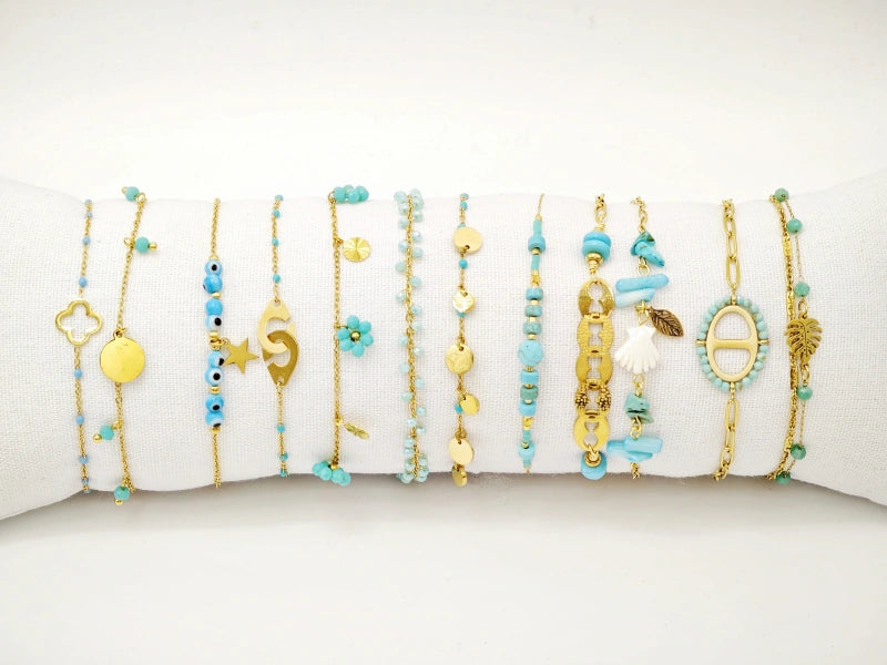 Lot de 12 bracelets en acier inoxydable avec coussin - BLEU