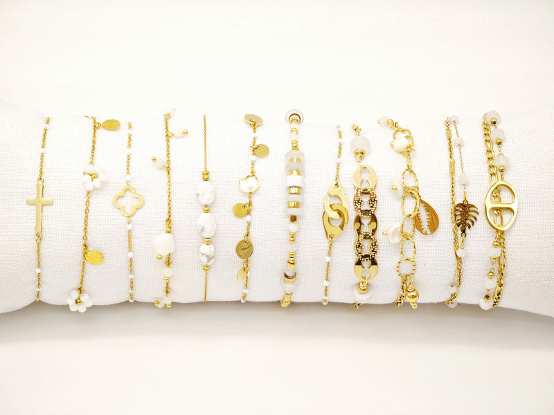 Lot de 12 bracelets en acier inoxydable avec coussin - BLANC