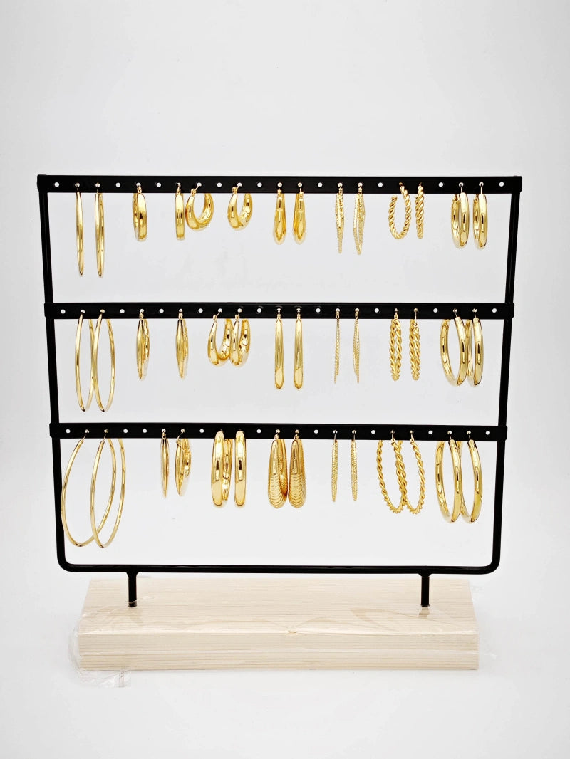 Lot de 21 boucles d'oreilles en acier inoxydable avec présentoir - DORÉ