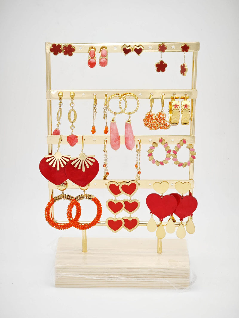 Lot de 15 boucles d'oreilles en acier inoxydable avec présentoir - ROUGE