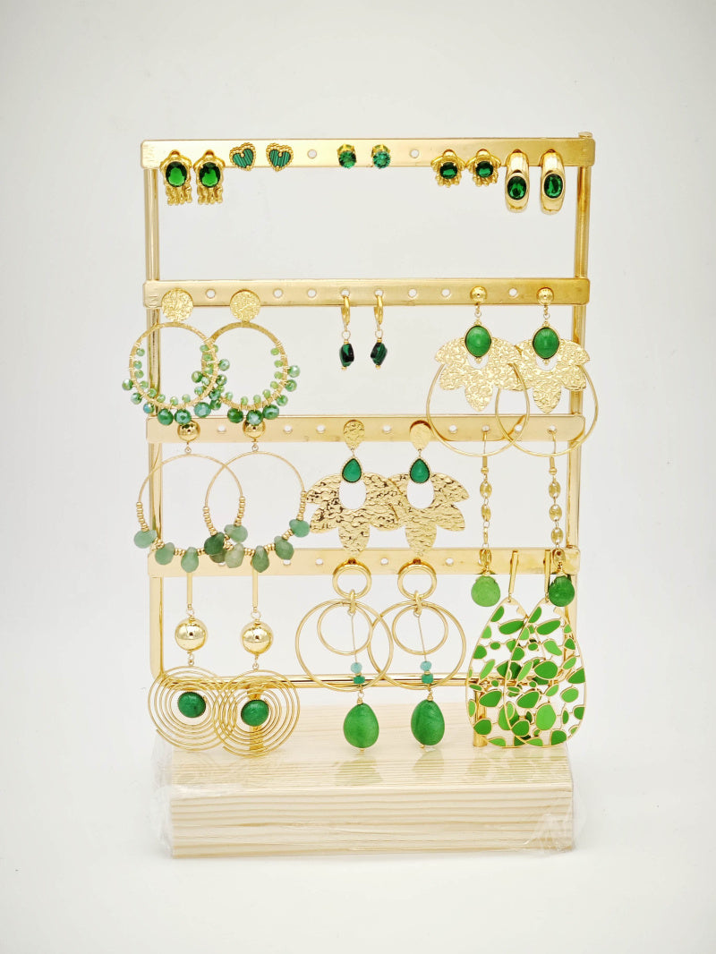 Lot de 14 boucles d'oreilles en acier inoxydable avec présentoir - VERT