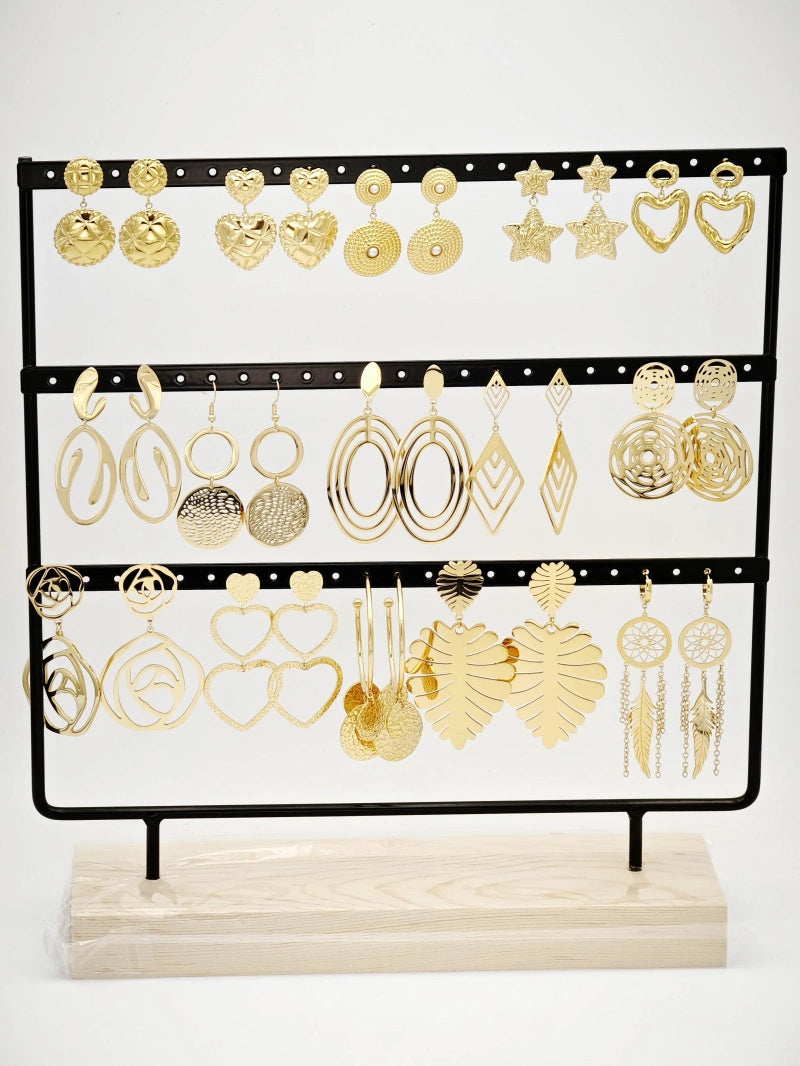 Lot de 15 boucles d'oreilles en acier inoxydable avec présentoir - DORÉ