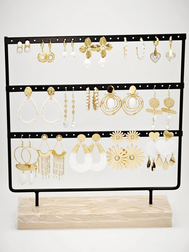 Lot de 15 boucles d'oreilles en acier inoxydable avec présentoir - BLANC