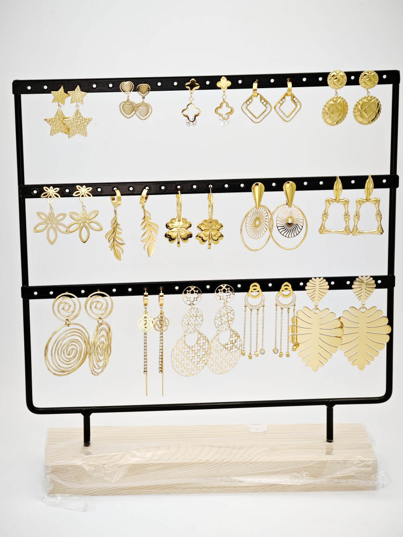 Lot de 15 boucles d'oreilles en acier inoxydable avec présentoir - DORÉ