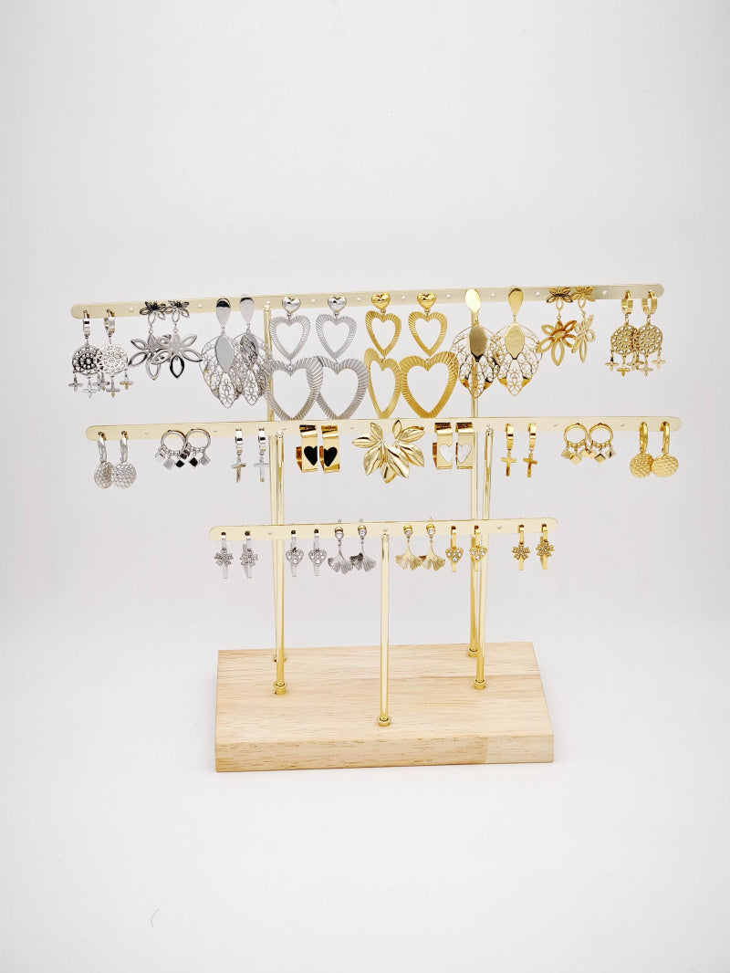 Lot de 15 boucles d'oreilles en acier inoxydable avec présentoir - DORÉ