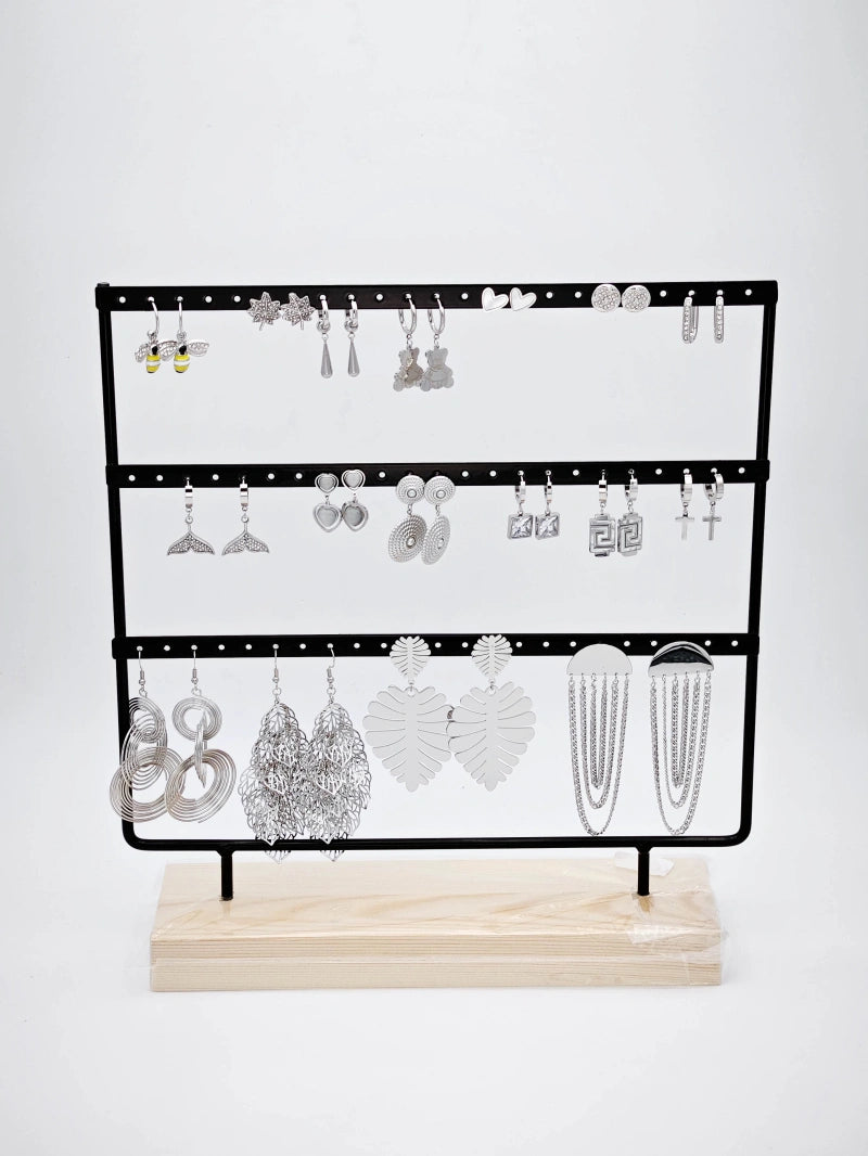 Lot de 15 boucles d'oreilles en acier inoxydable avec présentoir - ARGENT