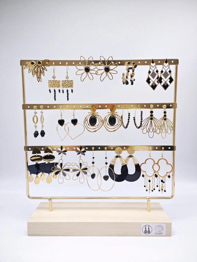 Lot de 15 boucles d'oreilles en acier inoxydable avec présentoir - NOIR
