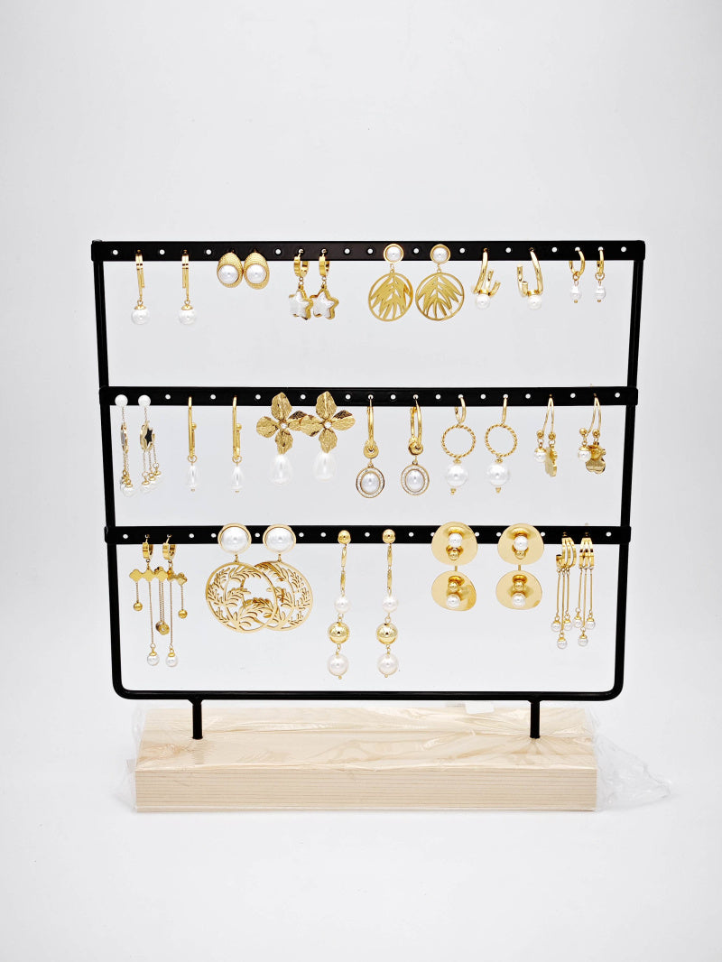 Lot de 15 boucles d'oreilles en acier inoxydable avec présentoir - BLANC