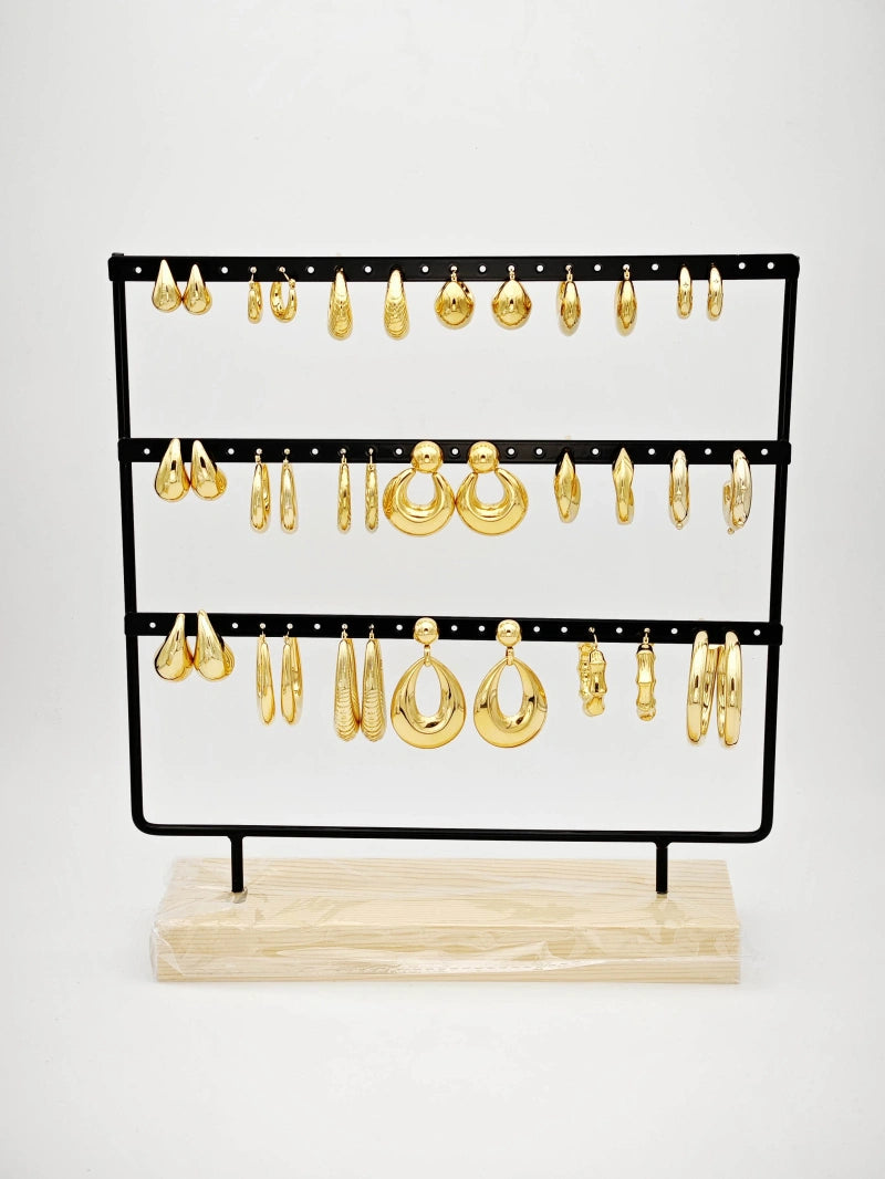 Lot de 15 boucles d'oreilles en acier inoxydable avec présentoir - DORÉ