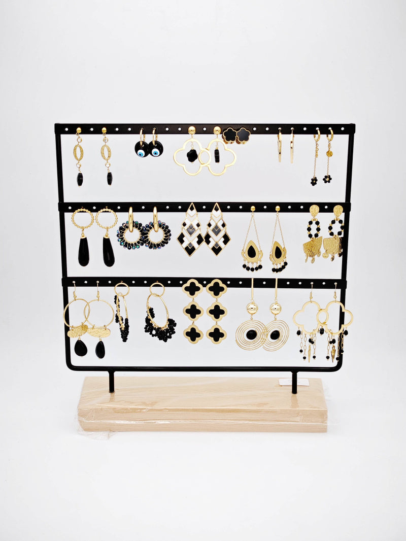 Lot de 15 boucles d'oreilles en acier inoxydable avec présentoir - NOIR