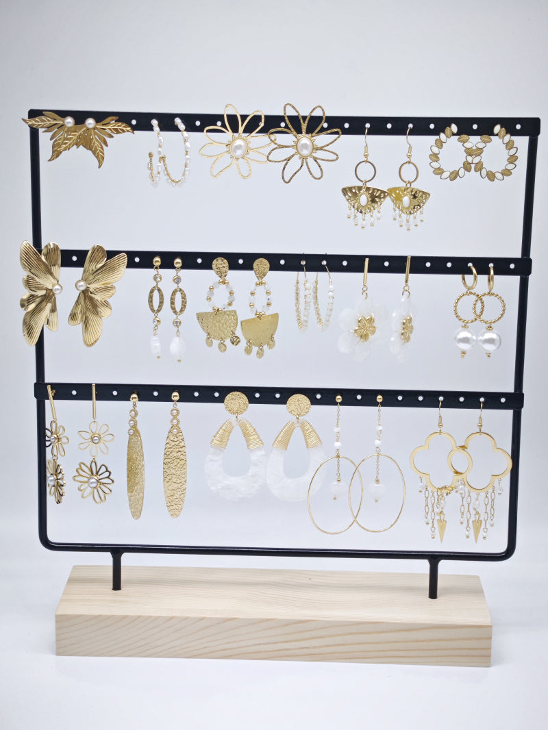 Lot de 16 boucles d'oreilles en acier inoxydable avec présentoir - BLANC
