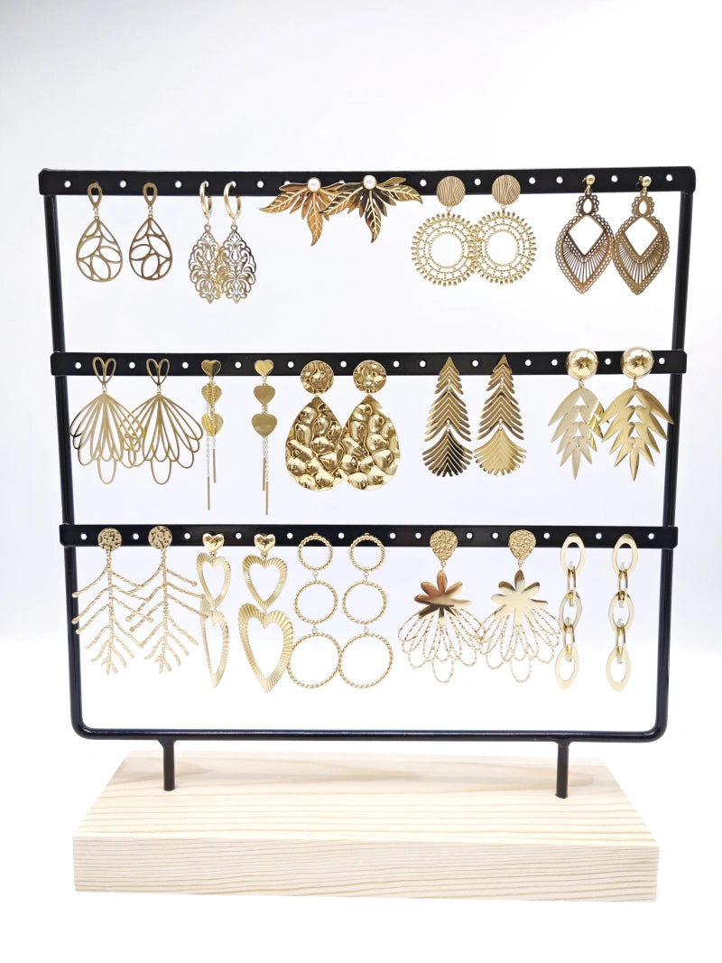 Lot de 15 boucles d'oreilles en acier inoxydable avec présentoir - DORÉ
