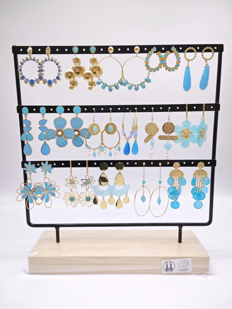 Lot de 16 boucles d'oreilles en acier inoxydable avec présentoir - BLEU