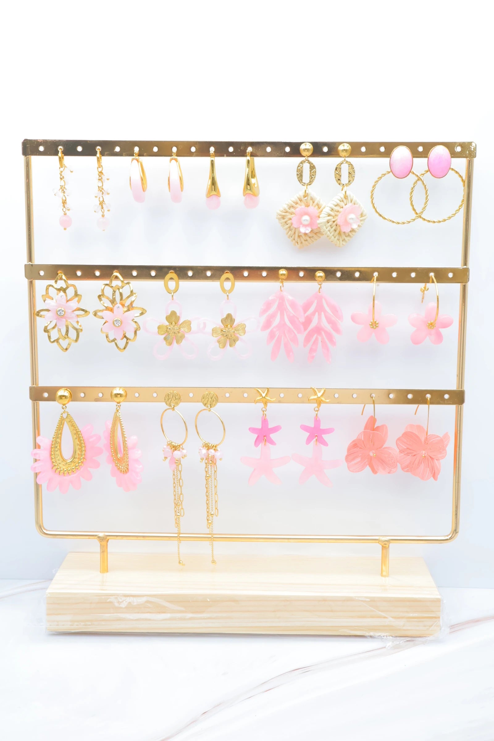 Lot de 13 paires de boucles d'oreilles avec présentoir - ROSE