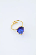 Bague ouverte dorée avec pierre précieuse en forme de goutte - BLEU