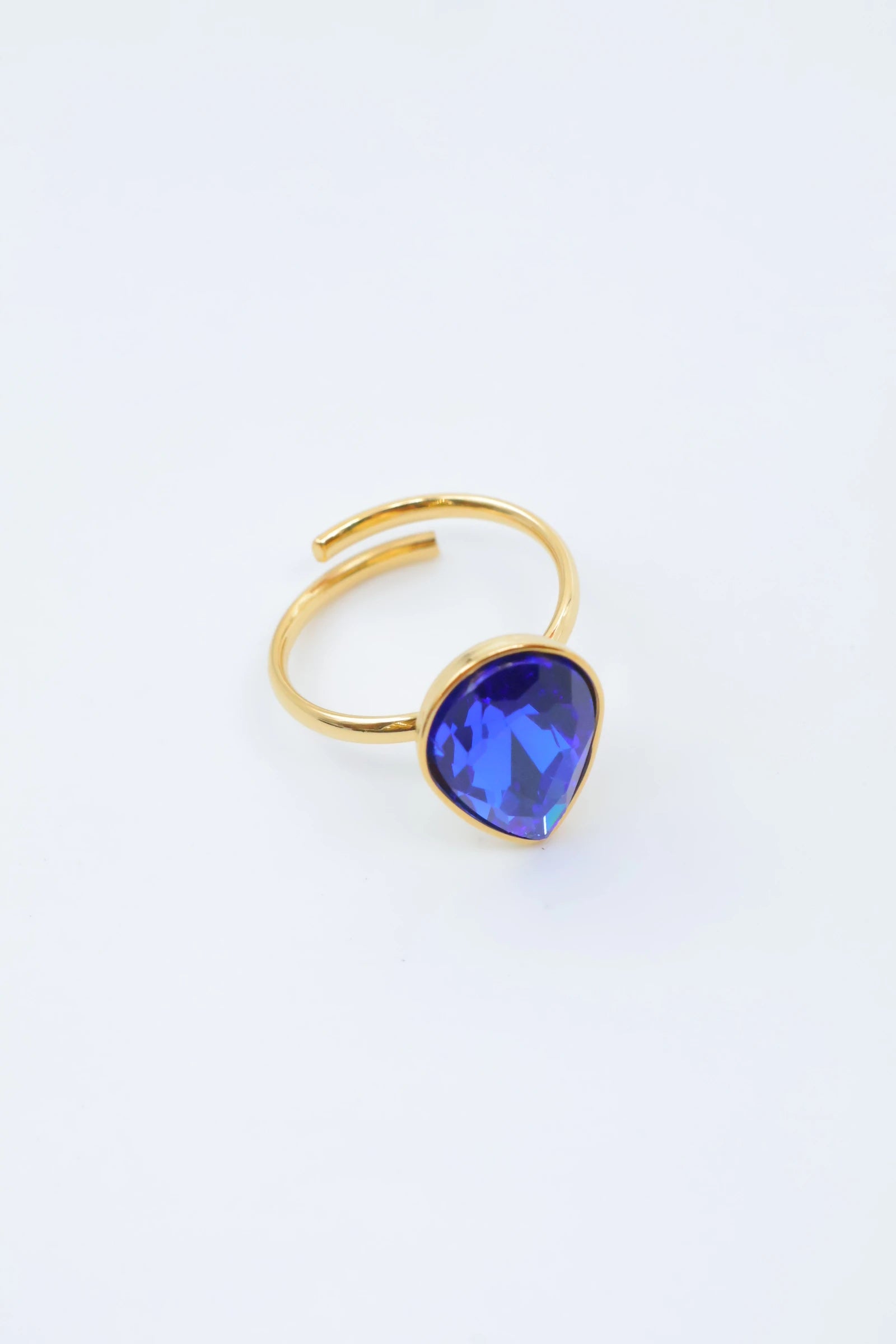 Bague ouverte dorée avec pierre précieuse en forme de goutte - BLEU