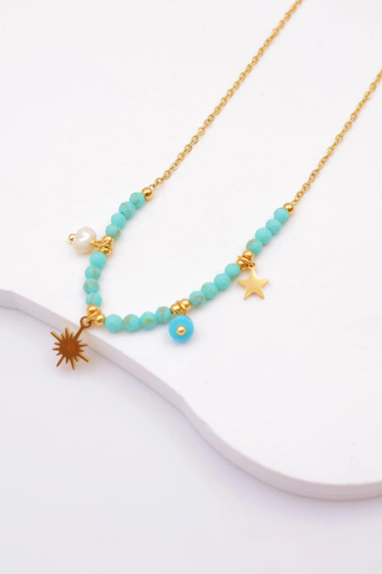 Collier avec cristaux colorés, pendentif étoile et perle - BLEU