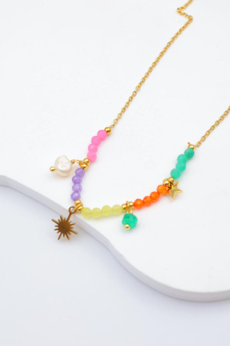 Collier avec cristaux colorés, pendentif étoile et perle - MULTICOLORE