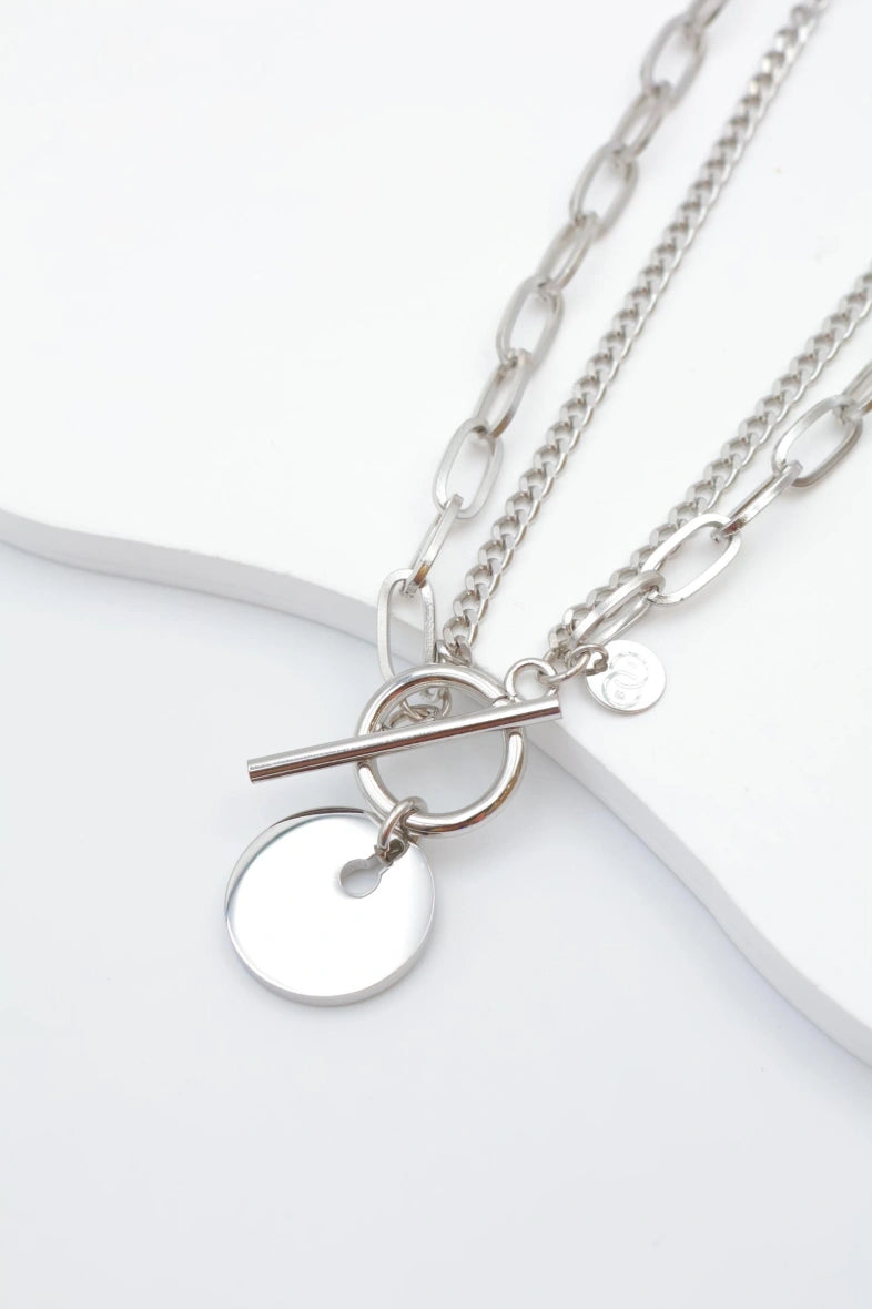 Collier multi-rang avec pendentif circulaire - ARGENT