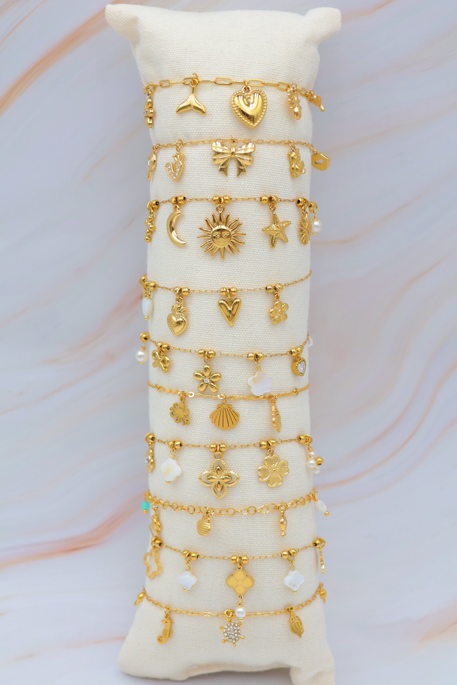 Lot de 10 bracelets en acier inoxydable avec coussin - DORÉ