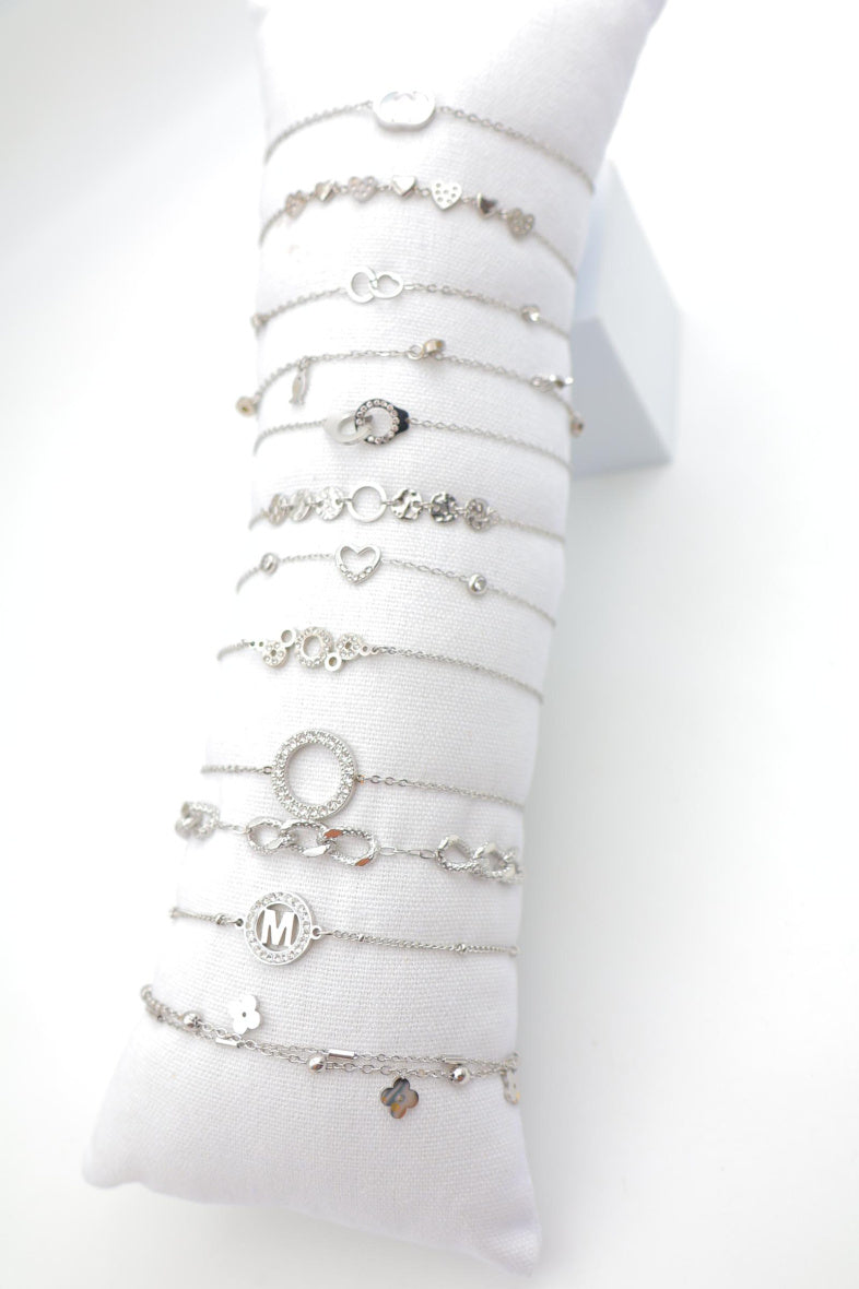 Lot de 12 bracelets en acier inoxydable avec coussin - ARGENT