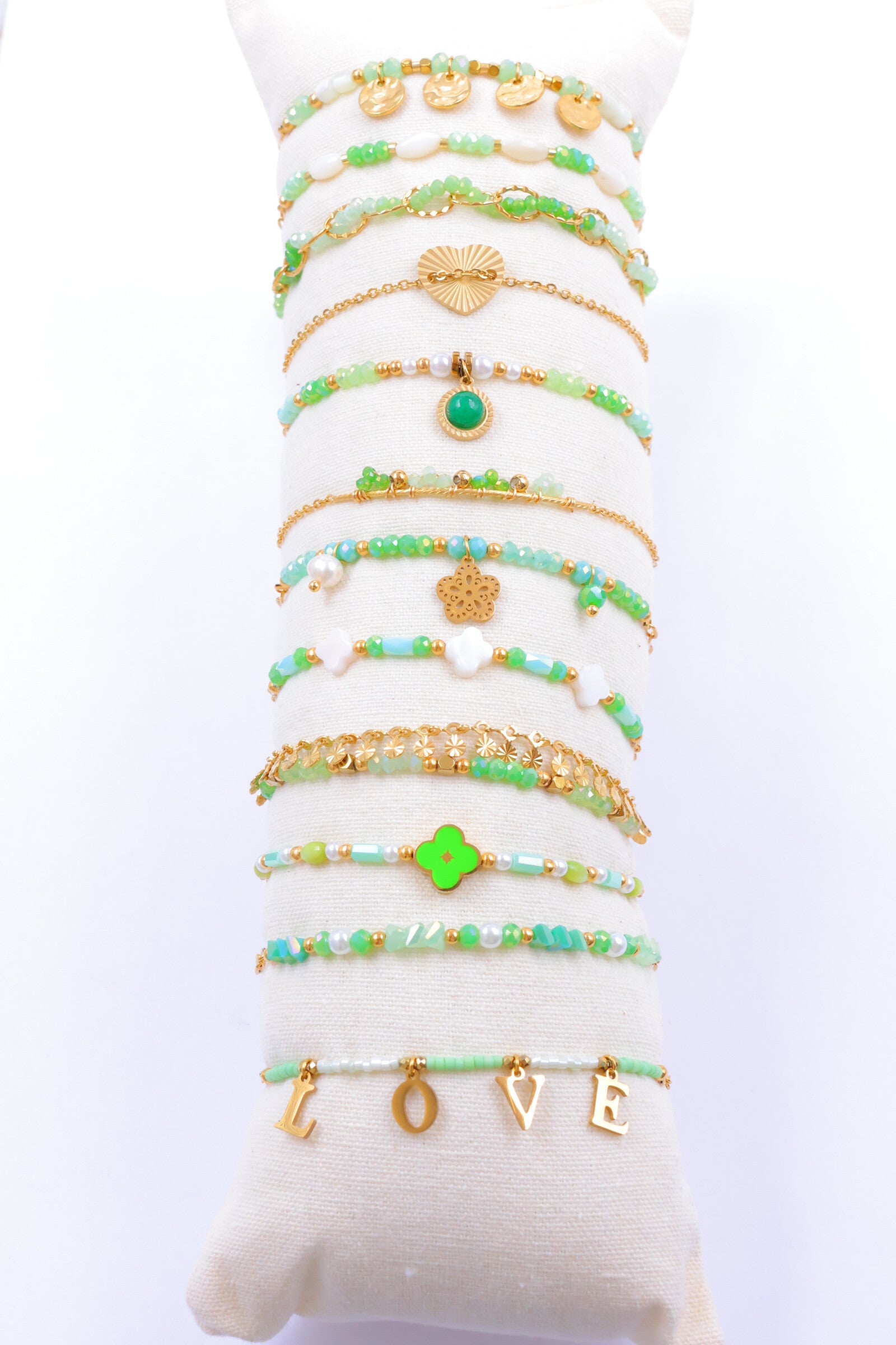 Lot de 12 bracelets en acier inoxydable avec coussin - VERT