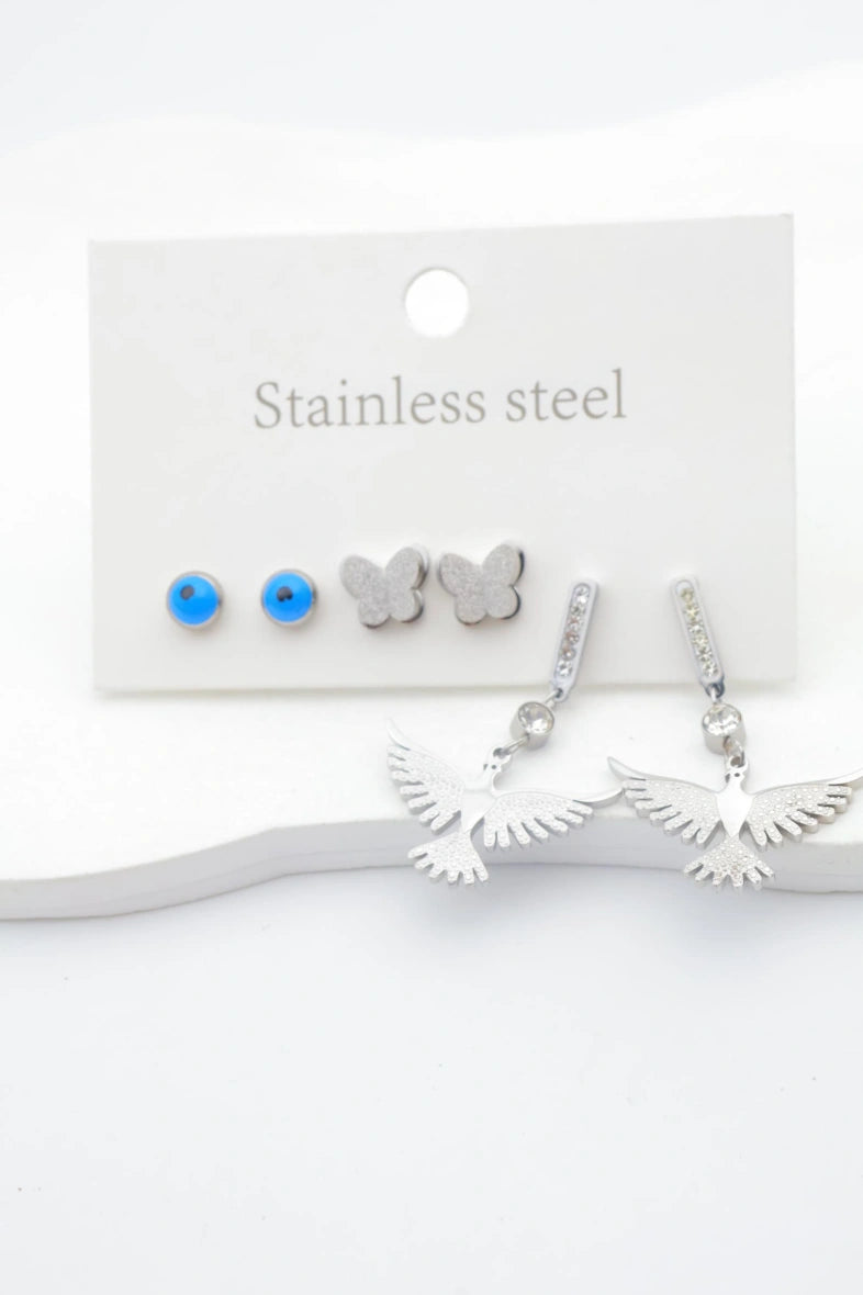 Lot de 3 boucles d'oreilles en acier inoxydable - ARGENT