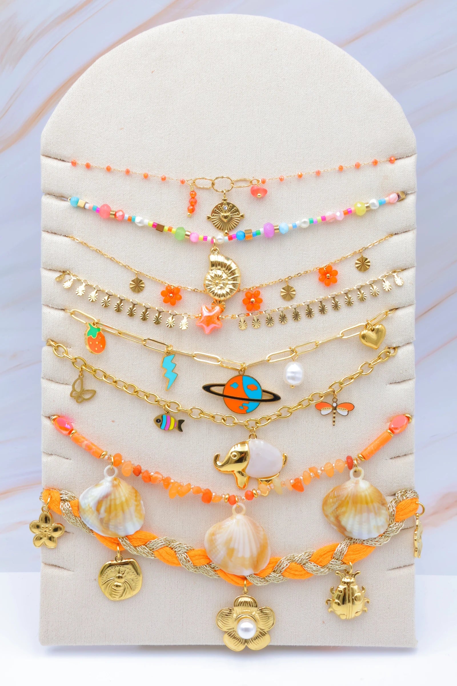 Lot de 8 colliers en acier inoxydable avec présentoir - ORANGE