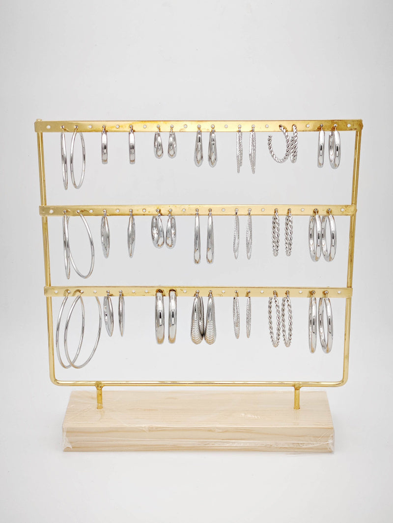 Lot de 21 boucles d'oreilles en acier inoxydable avec présentoir - ARGENT