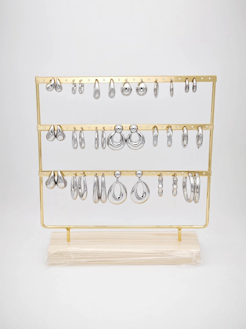 Lot de 15 boucles d'oreilles en acier inoxydable avec présentoir - ARGENT