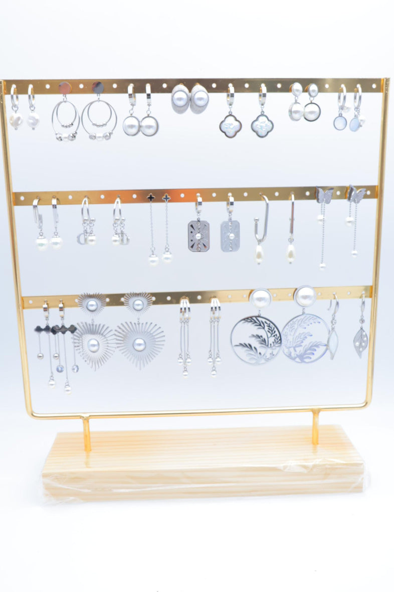 Lot de 15 boucles d'oreilles en acier inoxydable avec présentoir - ARGENT