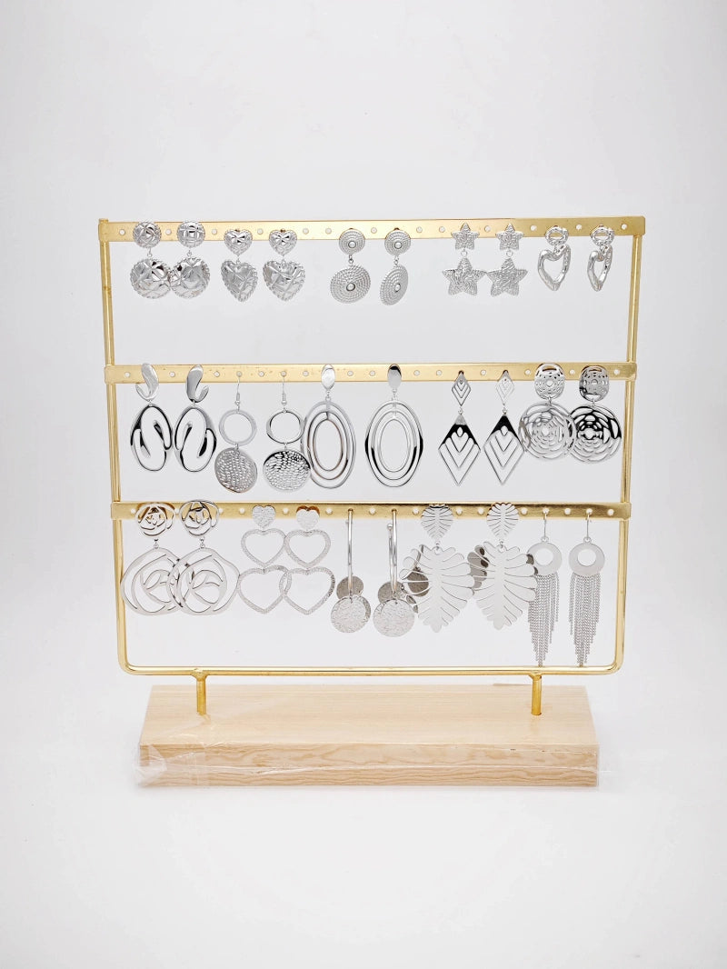 Lot de 15 boucles d'oreilles en acier inoxydable avec présentoir - ARGENT