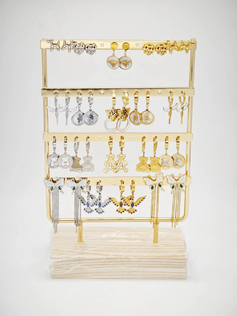 Lot de 15 boucles d'oreilles en acier inoxydable avec présentoir - DORÉ