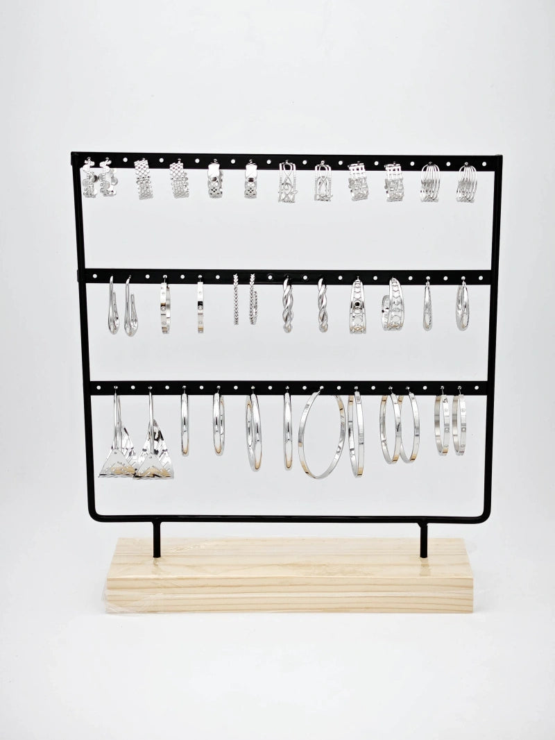 Lot de 15 boucles d'oreilles en acier inoxydable avec présentoir - ARGENT