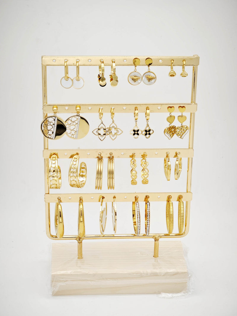 Lot de 15 boucles d'oreilles en acier inoxydable avec présentoir - DORÉ