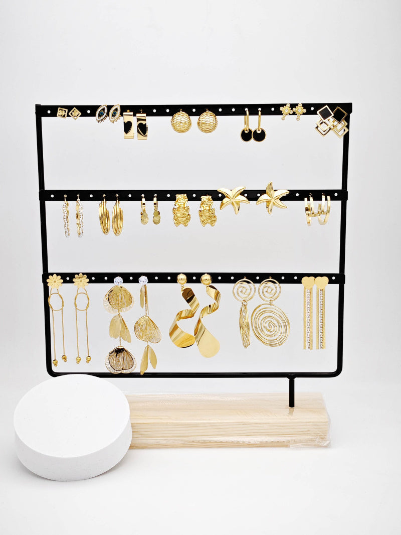 Lot de 18 boucles d'oreilles en acier inoxydable avec présentoir - DORÉ