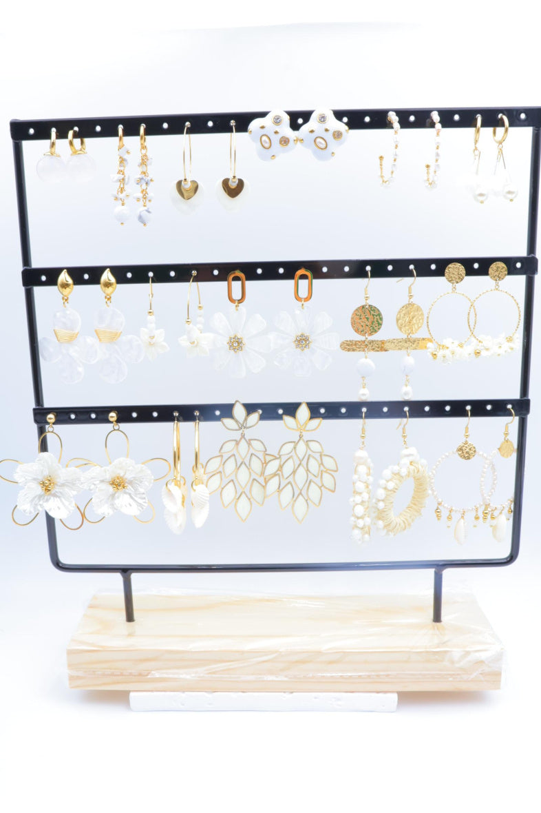 Lot de 16 boucles d'oreilles en acier inoxydable avec présentoir - BLANC