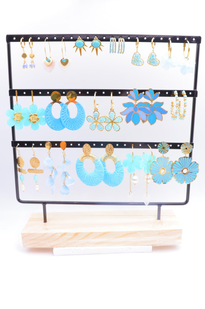 Lot de 16 boucles d'oreilles en acier inoxydable avec présentoir - BLEU