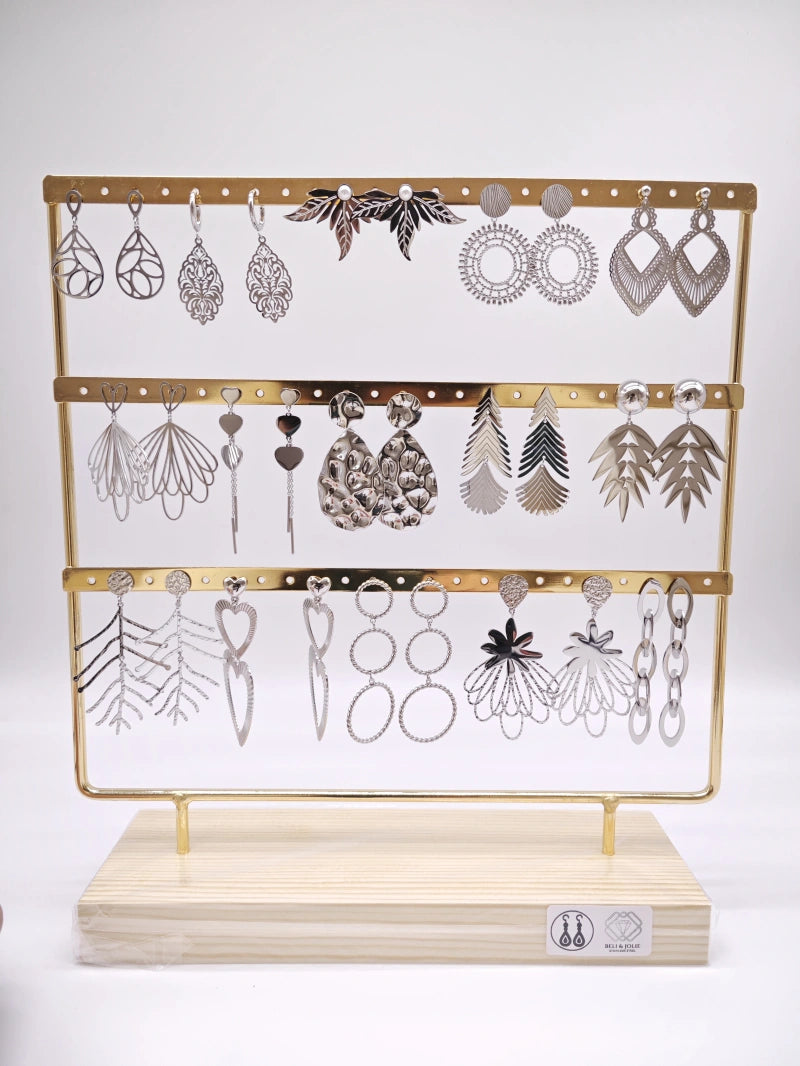 Lot de 15 boucles d'oreilles en acier inoxydable avec présentoir - ARGENT