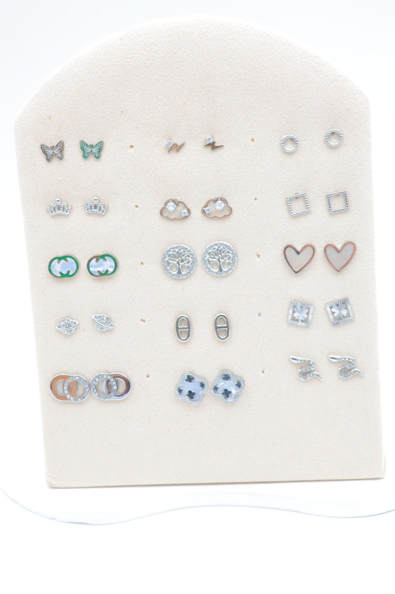 Lot de 15 clous d'oreilles avec présentoir - ARGENT