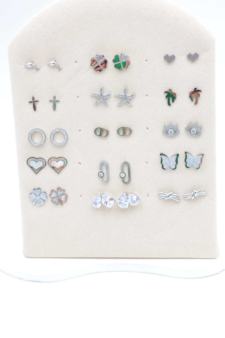 Lot de 15 clous d'oreilles avec présentoir - ARGENT