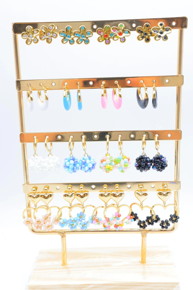 Lot de 16 clous d'oreilles avec présentoir - MULTICOLORE