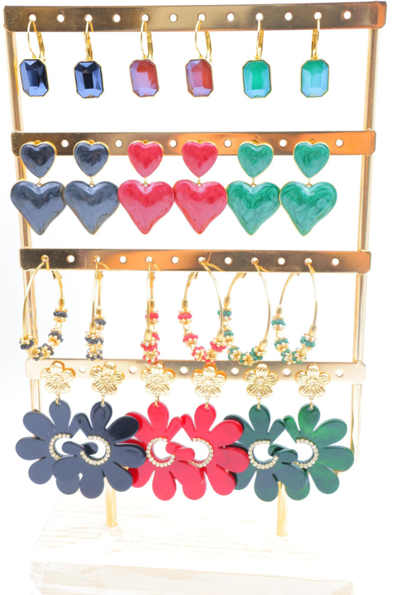 Lot de 12 boucles d'oreilles avec présentoir - MULTICOLORE