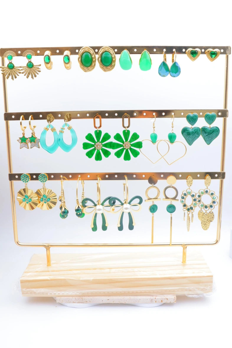 Lot de 16 boucles d'oreilles avec présentoir - VERT