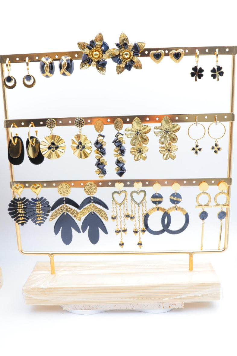 Lot de 15 boucles d'oreilles avec présentoir - NOIR