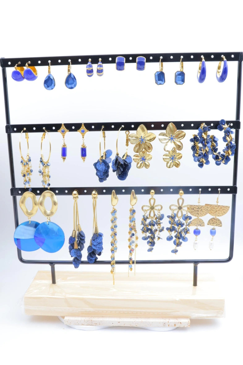 Lot de 16 boucles d'oreilles avec présentoir - BLEU MARINE