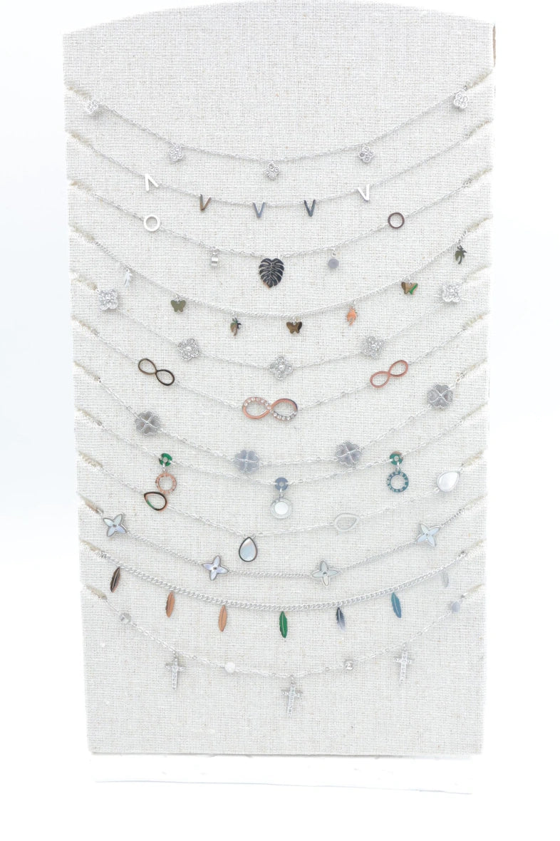 Lot de 12 colliers en acier inoxydable avec présentoir - ARGENT